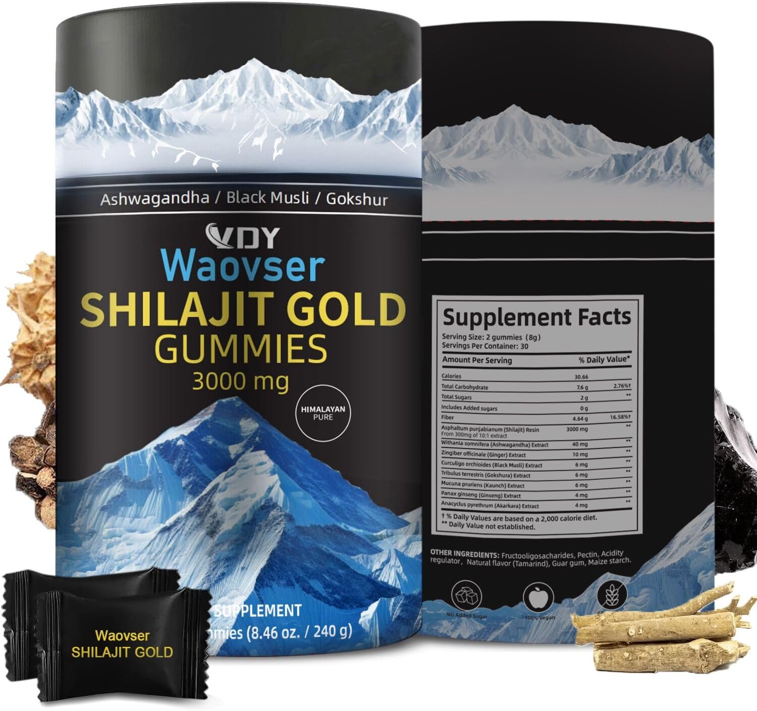 2 Packs Himalayan Shilajit Gummies, Ashwagandha Gummies, with Black Musli, Gokshura, Ginger, Ginseng, Fulvic Acid 85 Micronutrients, Men and Women, No Added Sugar, 100% Natural Organic, 120 Gummy﻿