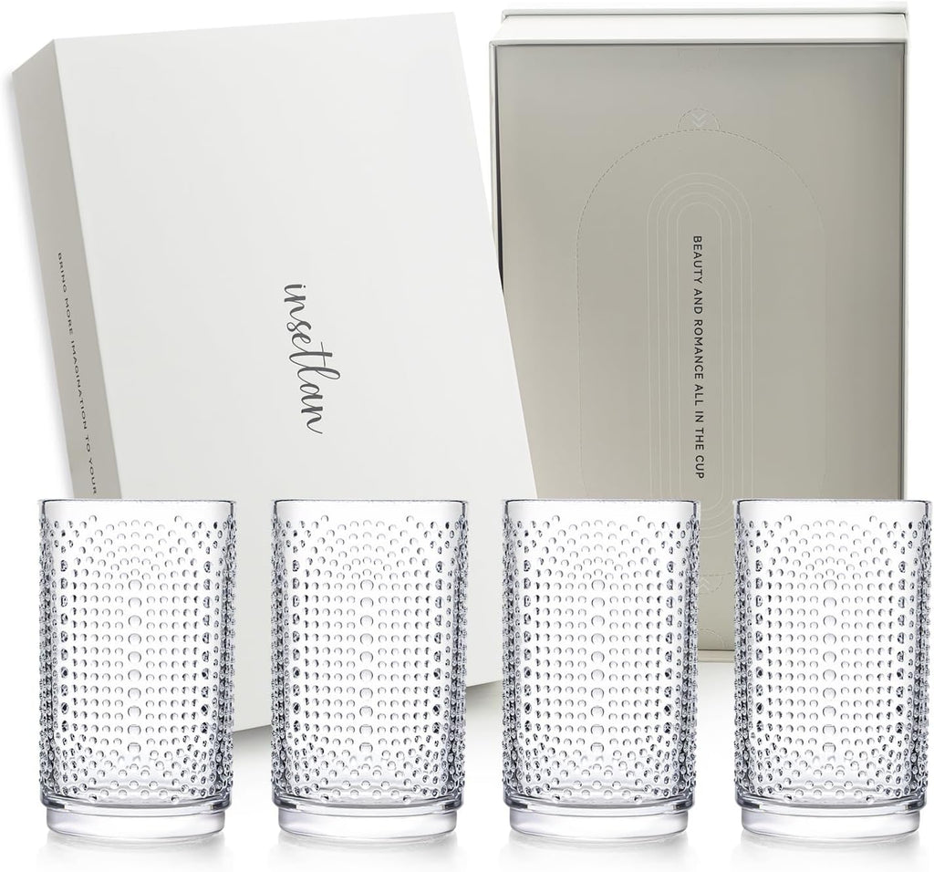 Premium Vintage Hobnail Glassware Set of 4 (14 oz) Glass Cups with Straws & Coasters – Gift Box for Housewarming, Weddings, Birthdays, Special Occasions – Ideal for Cocktails, Juice, Water