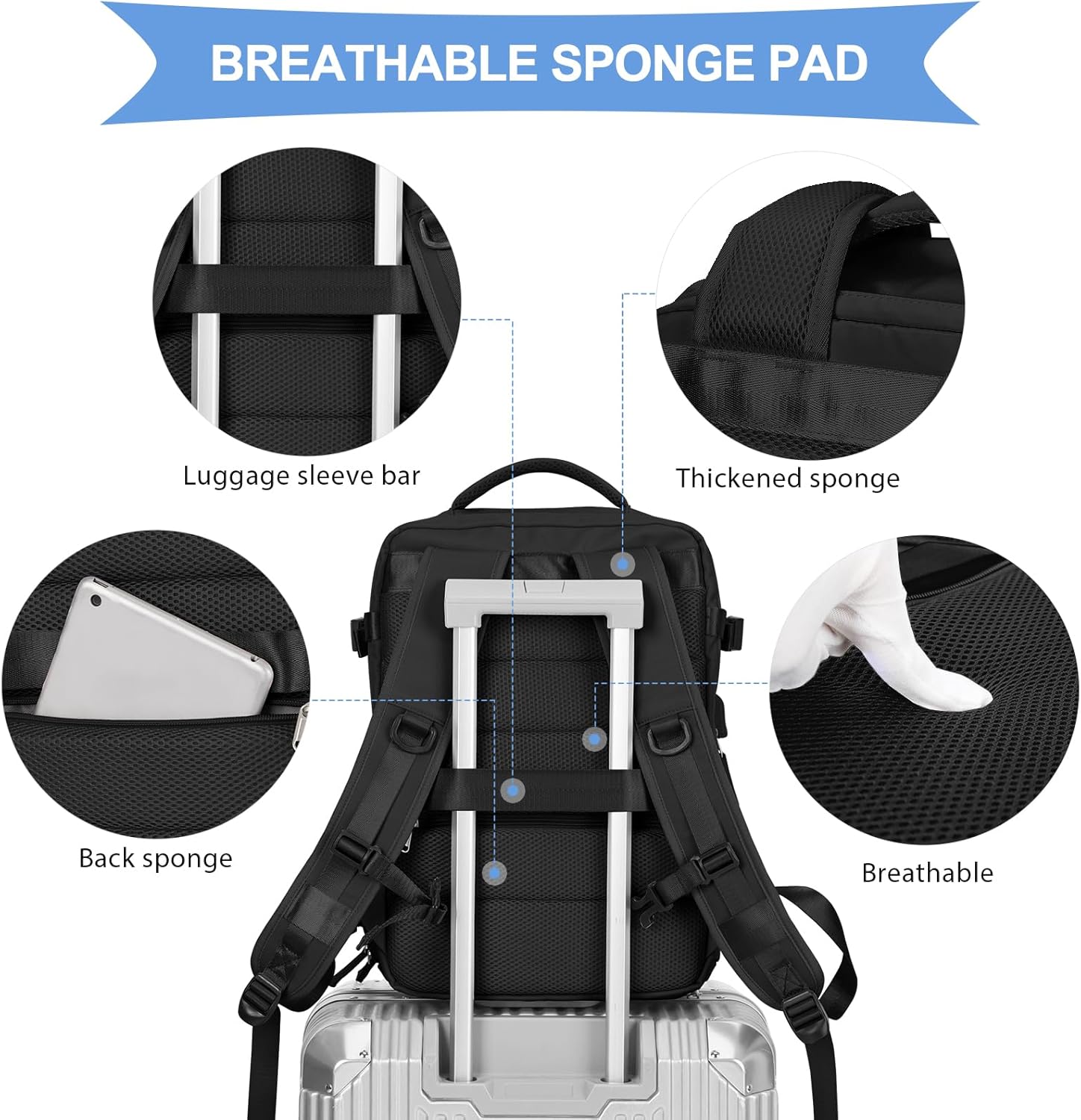 Travel Backpack For Women Men Airline Approved,Black Carry On Backpack,Large Hiking Waterproof Outdoor Sports Rucksack Casual Daypack Fit 15.6 Inch Laptop Backpack for College