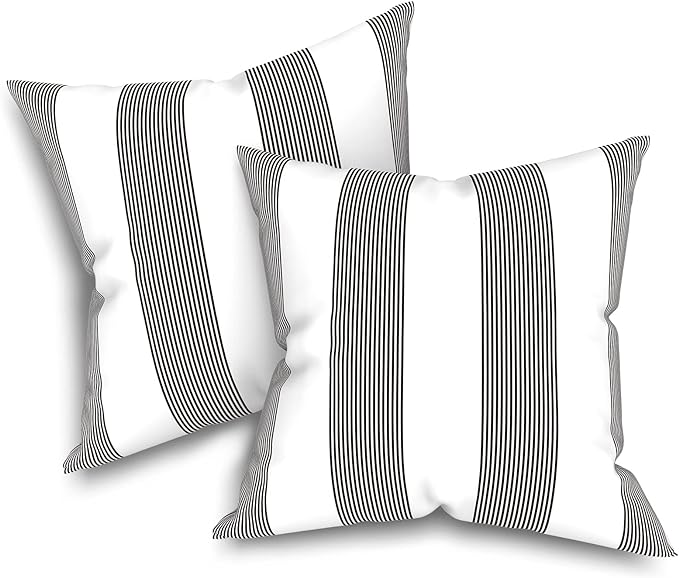 Outdoor Throw Pillow Covers Pack of 2, Decorative Water Repellent Square Pillow Cases 18x18 Inch, Patio Pillowcases for Home Patio Furniture Use, Stripe Cabana Black