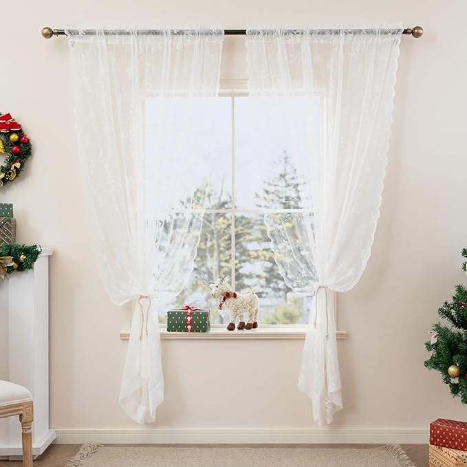 Sheer Lace Christmas Curtains for Living Room, Xmas Snowflake Embroidery Weave Sheer Curtains for Holiday Window Decoration, Rod Pocket White Christmas Drapes, 2 Panels 52 x 95 Inch