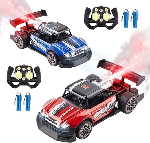 2-Pack Remote Control Drift Cars with Spray and Light - 2.4GHz 4WD High Speed Off-Road Trucks, Fog Mist Sport Racing Cars, Toy Vehicles for Adults, Kids, Boys, Girls (Blue and Red)
