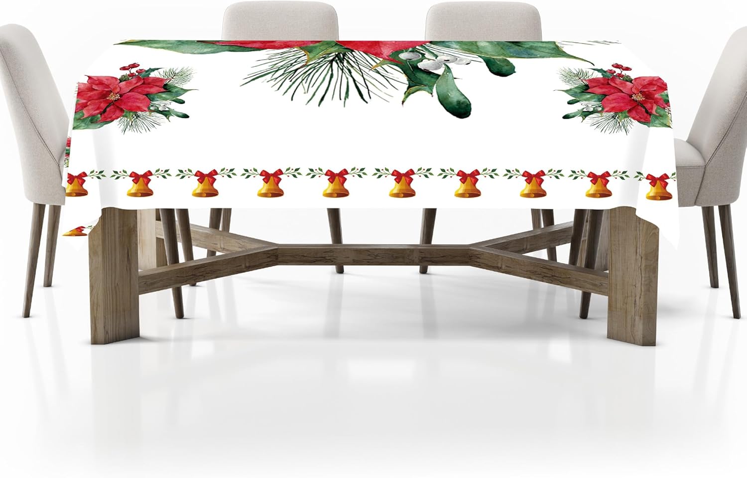 Christmas Poinsettia Tablecloth Dining-Table Decoration Winter Kitchen Small Bell Pattern Suitable Holiday Decor 60x84 inch red Visit the Cuteiush Store