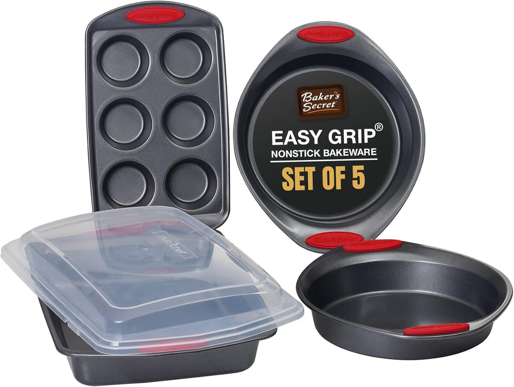 Baker's Secret Bakeware Sets - 5 Pieces Baking Pans Set with Grip - Baking Sheets for Oven Nonstick Set, Wedding Registry Items baking dishes for oven - Nonstick pan set Kitchen Supplies, Easy Grip