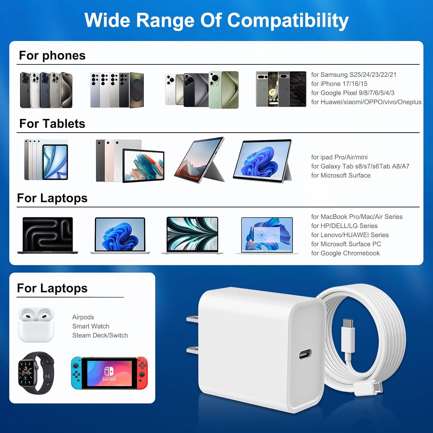 3 Pack 10ft USB-C phone/ipad/tablet Charging Cords and 3 Wall Chargers