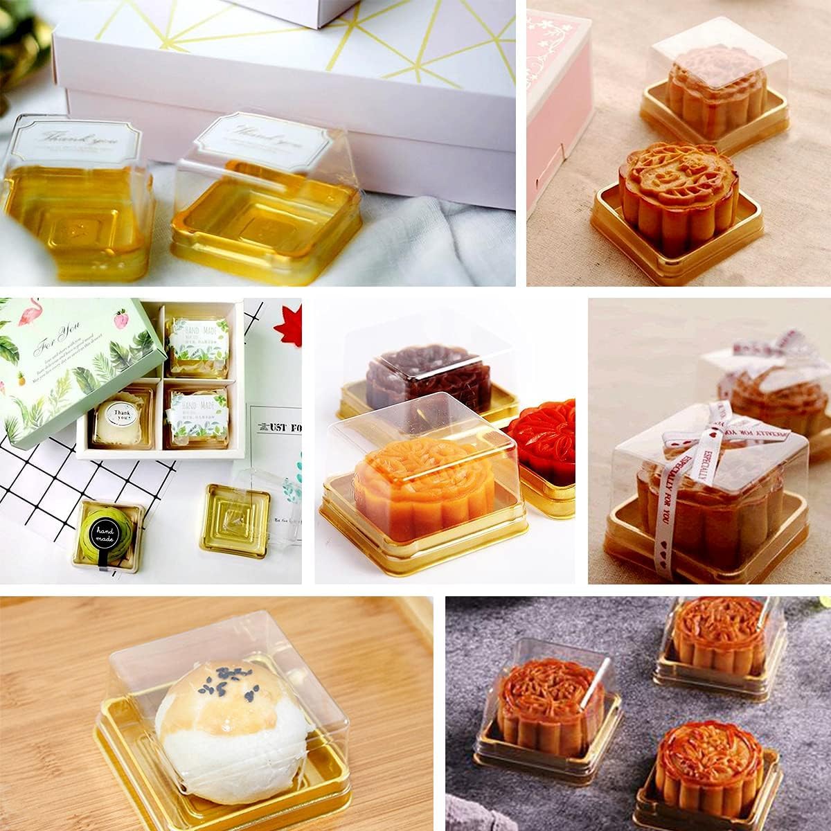100 Set 2.24"L x 2.24"W x 1.57"H Clear Plastic Mini Cupcake Boxes Muffin Pod Dome Muffin Single Container Box Wedding Birthday Gifts Supplies for Cheese Pastry Dessert Mooncake (square, gold)