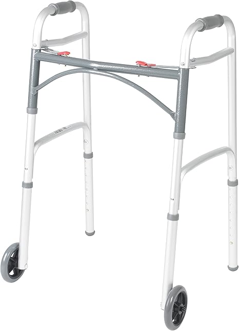 Drive Medical 10210-1 2-Button Folding Walker with Wheels, Rolling Walker, Front Wheel Walker, Lightweight Walkers for Seniors and Adults Weighing Up To 350 Pounds, Adjustable Height, Silver