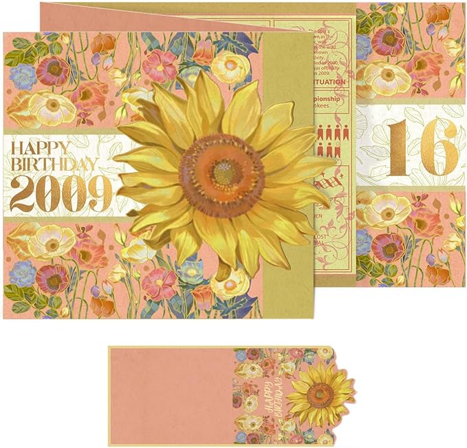 2025 16th Birthday Greeting Card, 16 Years Old Birthday Gift Card, Memory Back In 2009, Sunflower (Envelope)