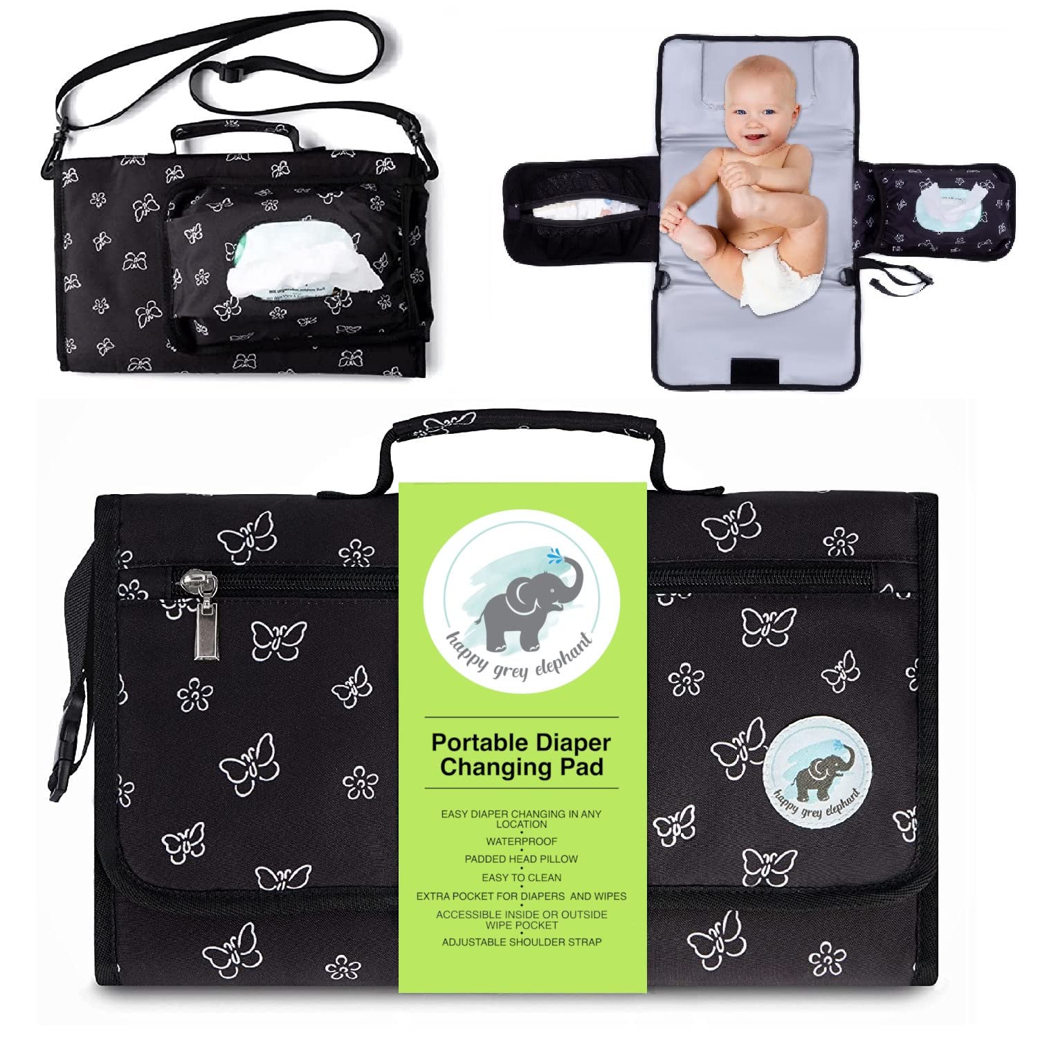 Baby Changing Pad with Shoulder Strap - Diaper Changing Mat with Built in Head Pillow and Large Pockets