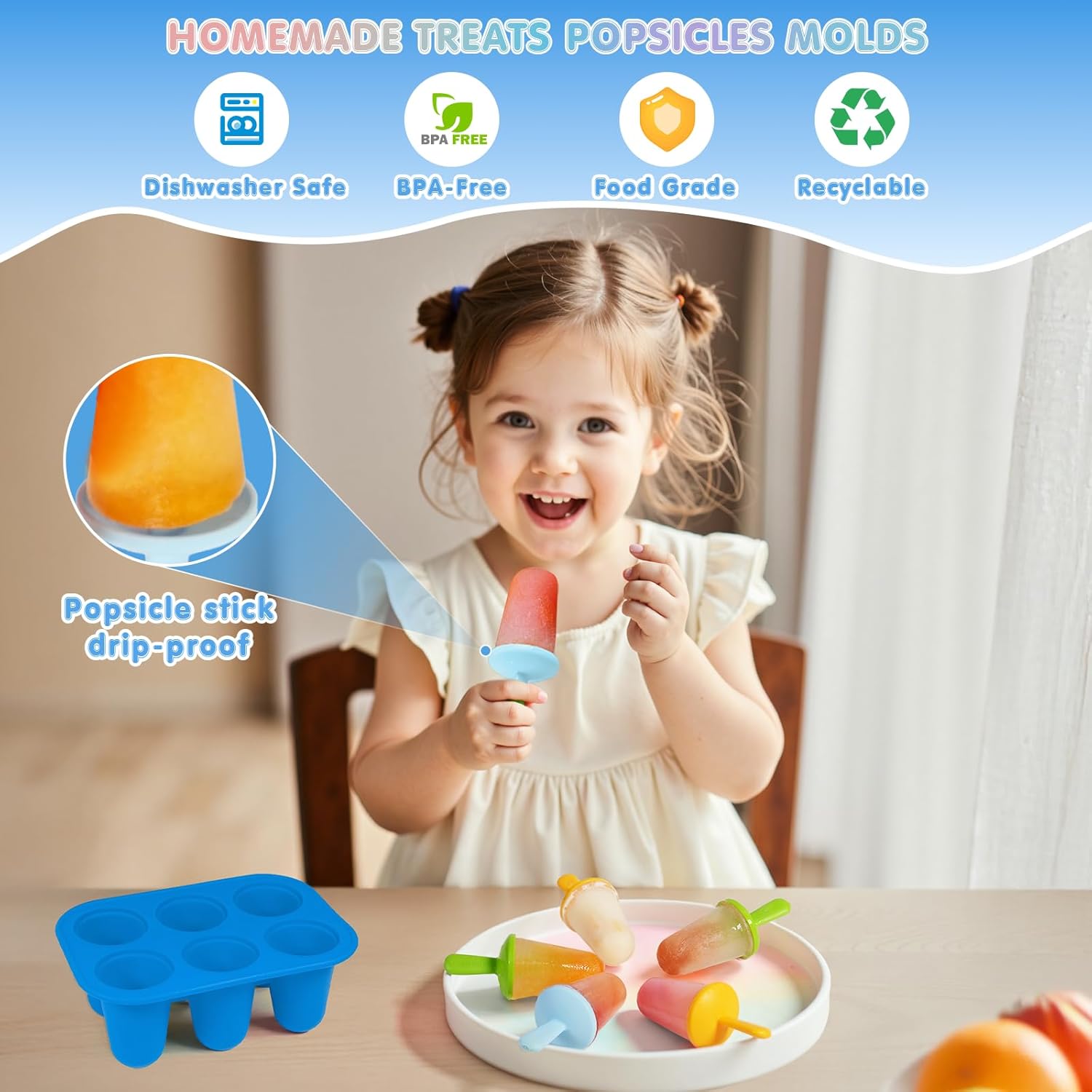 Popsicles Molds Silicone, 6 Pieces BPA-Free Ice Pop Mold, Reusable Mini Toddler Popsicle Molds with Sticks, Homemade Small Popsicle Mold for Kids (Blue)