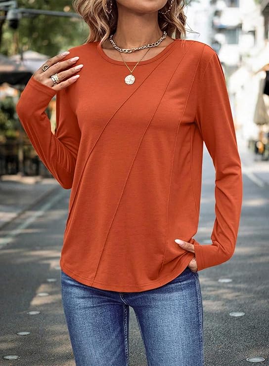 Women's Long Sleeve Pleated Dressy Tops Cute Crewneck