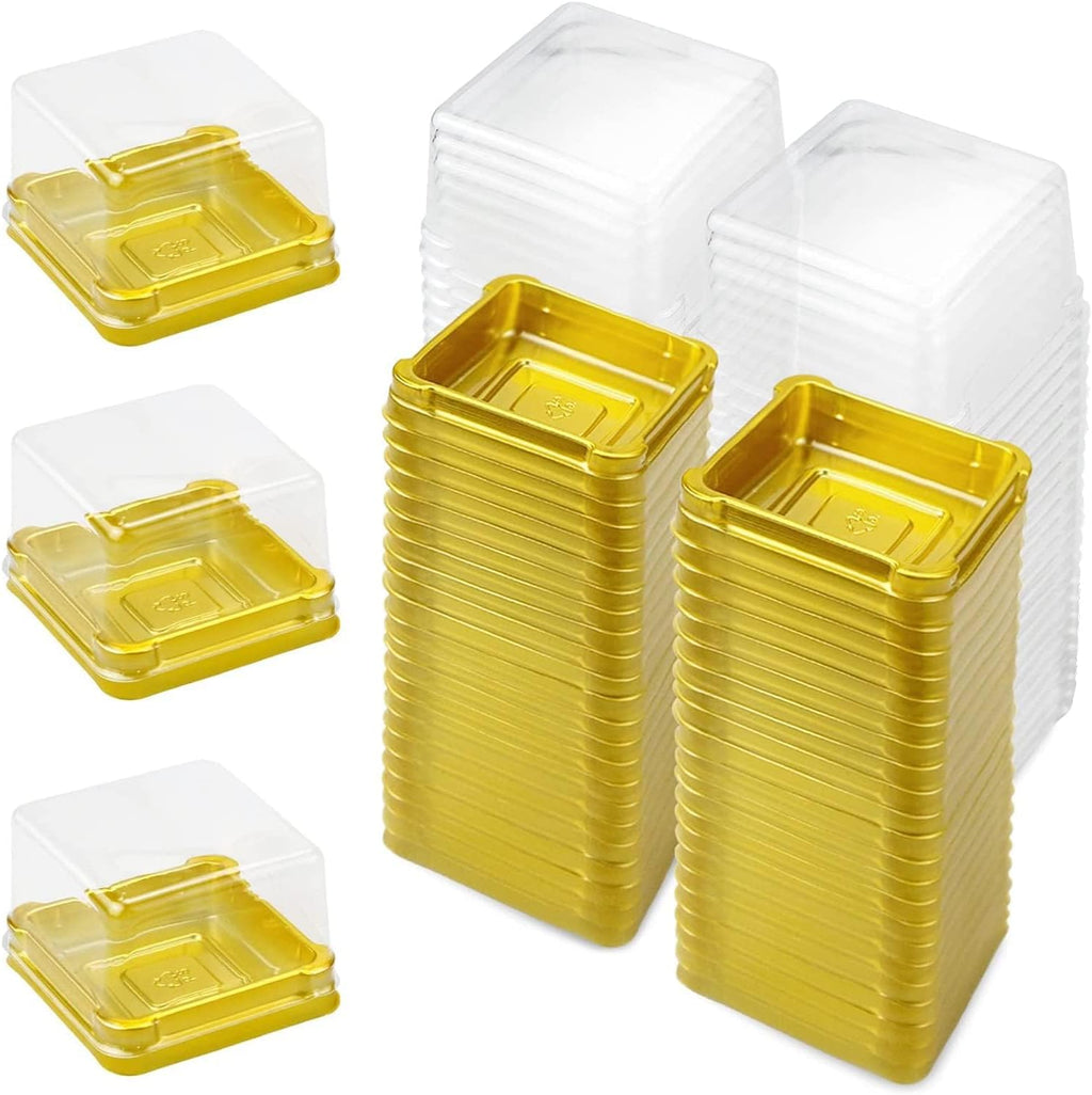 100 Set 2.24"L x 2.24"W x 1.57"H Clear Plastic Mini Cupcake Boxes Muffin Pod Dome Muffin Single Container Box Wedding Birthday Gifts Supplies for Cheese Pastry Dessert Mooncake (square, gold)