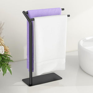 Hand Towel Stand, LSK 16.6 Inch Towel Holder Stand for Bathroom Countertop, Curved F-Shaped Countertop Towel Stand with Base, Matte Black