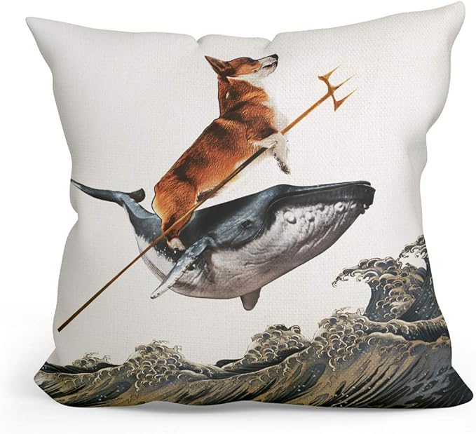 Funny Throw Pillow Covers, Whale Corgi Pillowcase Decor, Aquadog The Corgi Rides a Whale Dog Throw Pillowcases Living Room Sofa Couch Decor Gift 18”x 18”Inch