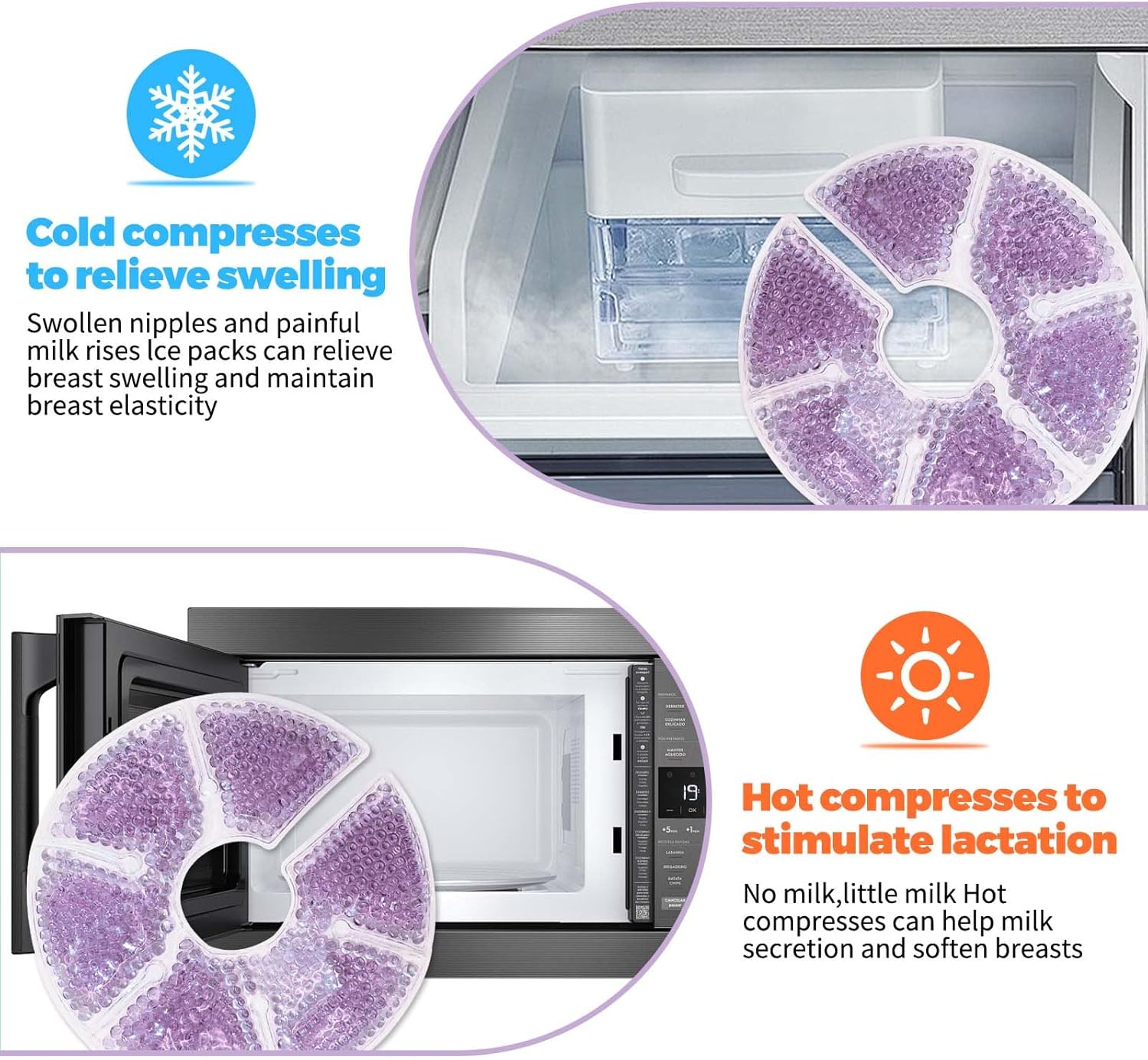 Breast Therapy Ice Packs, Hot and Cold Breast Pads, Breastfeeding Essentials Large Gel Bead Packs for Moms, 2 Pack (Purple, M)