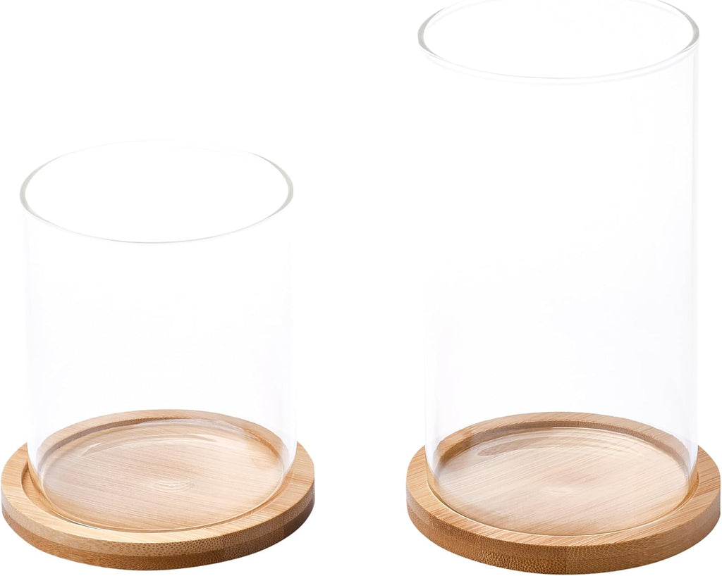 WHOLE HOUSEWARES Glass Candles Holders with Wooden Base - Tall Glass Hurricane Candle Holder - for Wedding Centerpieces - Table Decorations - Set of 2-4.3x3.9 and 6.2x3.9 (Wood Brown)