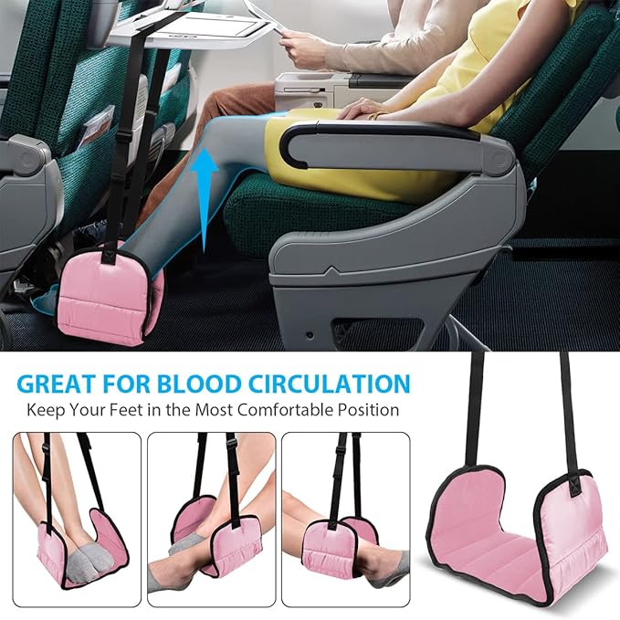 Airplane Footrest Made with Premium Memory Foam - Airplane Travel Foot Hammack, No Clashing Foot Hammock & Portable Plane Leg Rest, Provides Relaxation & Comfortable for Long Flight, Pink