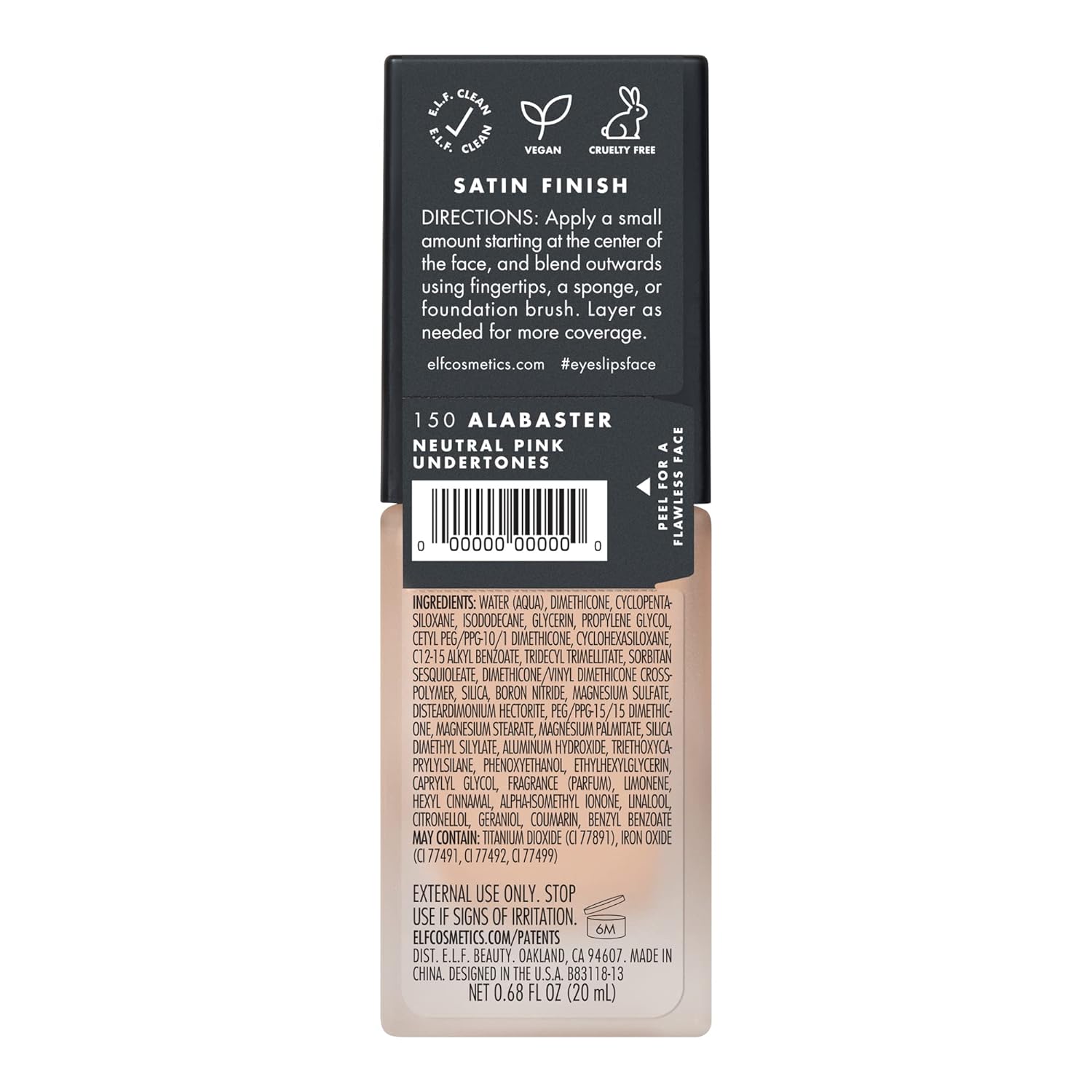 e.l.f. Flawless Satin Foundation, Lightweight & Medium Coverage, Semi-Matte Finish, Vegan & Cruelty-Free, Alabaster, 0.68 Fl Oz (20mL)