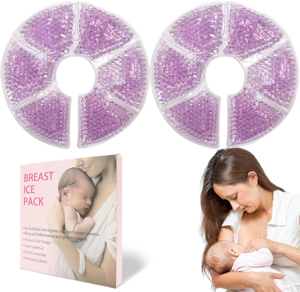 Breast Therapy Ice Packs, Hot and Cold Breast Pads, Breastfeeding Essentials Large Gel Bead Packs for Moms, 2 Pack (Purple, M)