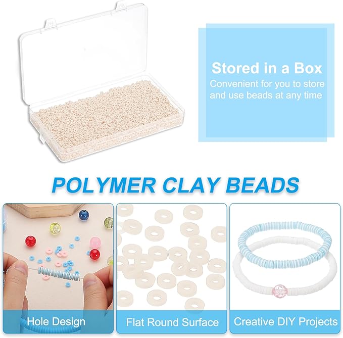 4000 Pcs Clay Beads Bracelet Making Kit, 4mm Flat Round Polymer Clay Spacer Beads Preppy Heishi Beads Disk with Elastic String for DIY Friendship Jewelry Making, White