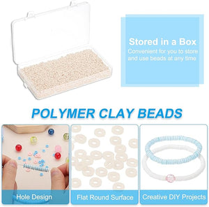 4000 Pcs Clay Beads Bracelet Making Kit, 4mm Flat Round Polymer Clay Spacer Beads Preppy Heishi Beads Disk with Elastic String for DIY Friendship Jewelry Making, White