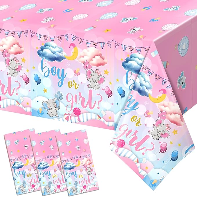 3 Pcs Baby Gender Reveal Table Cloths - Rectangular, Plastic, 54x108 inches, Pink, Gender Reveal Theme