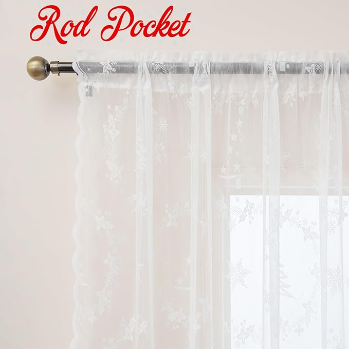 Sheer Lace Christmas Curtains for Living Room, Xmas Snowflake Embroidery Weave Sheer Curtains for Holiday Window Decoration, Rod Pocket White Christmas Drapes, 2 Panels 52 x 95 Inch
