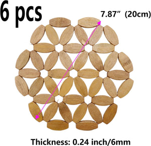 Wooden Trivets,6pcs Natural Bamboo Trivet Mat,8" Kitchen Wood Hot Pads Trivet-Heat Resistant Pads for Hot Dishes- Hexagon