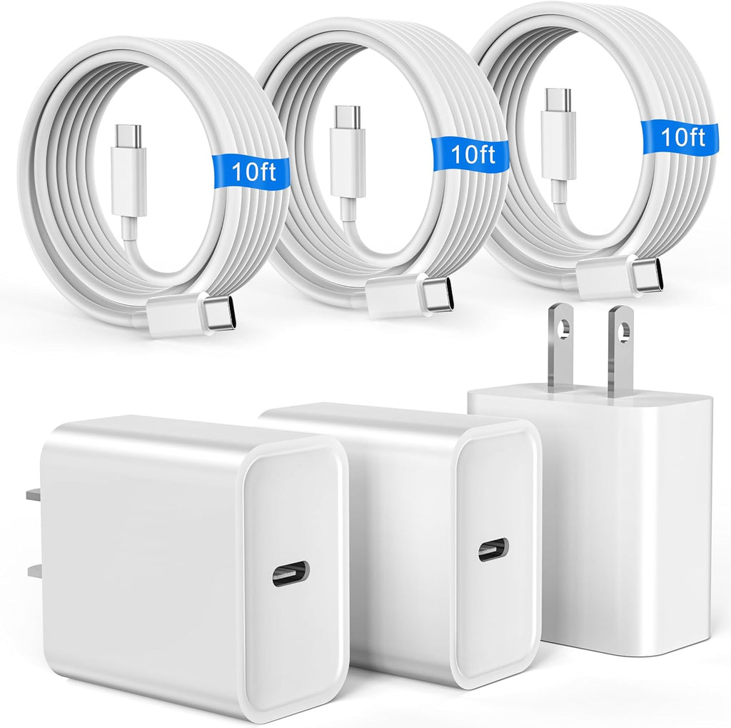 3 Pack 10ft USB-C phone/ipad/tablet Charging Cords and 3 Wall Chargers