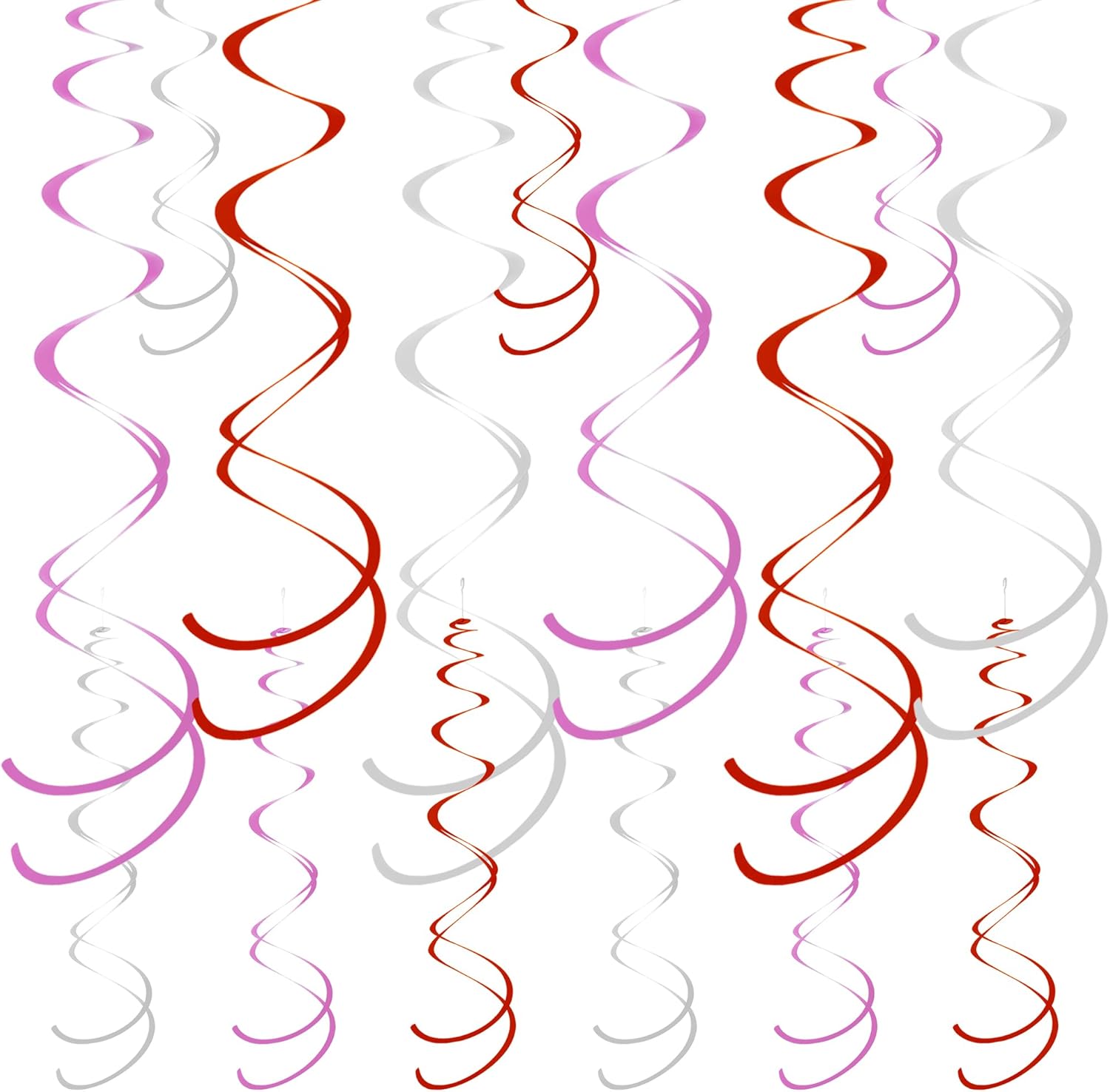 Ceiling Swirl Foil Decorations Hanging Plastic Streamer Themed Swirl Party Valentine’s Day Decoration, Pack of 28 (Sliver, Red and Pink)