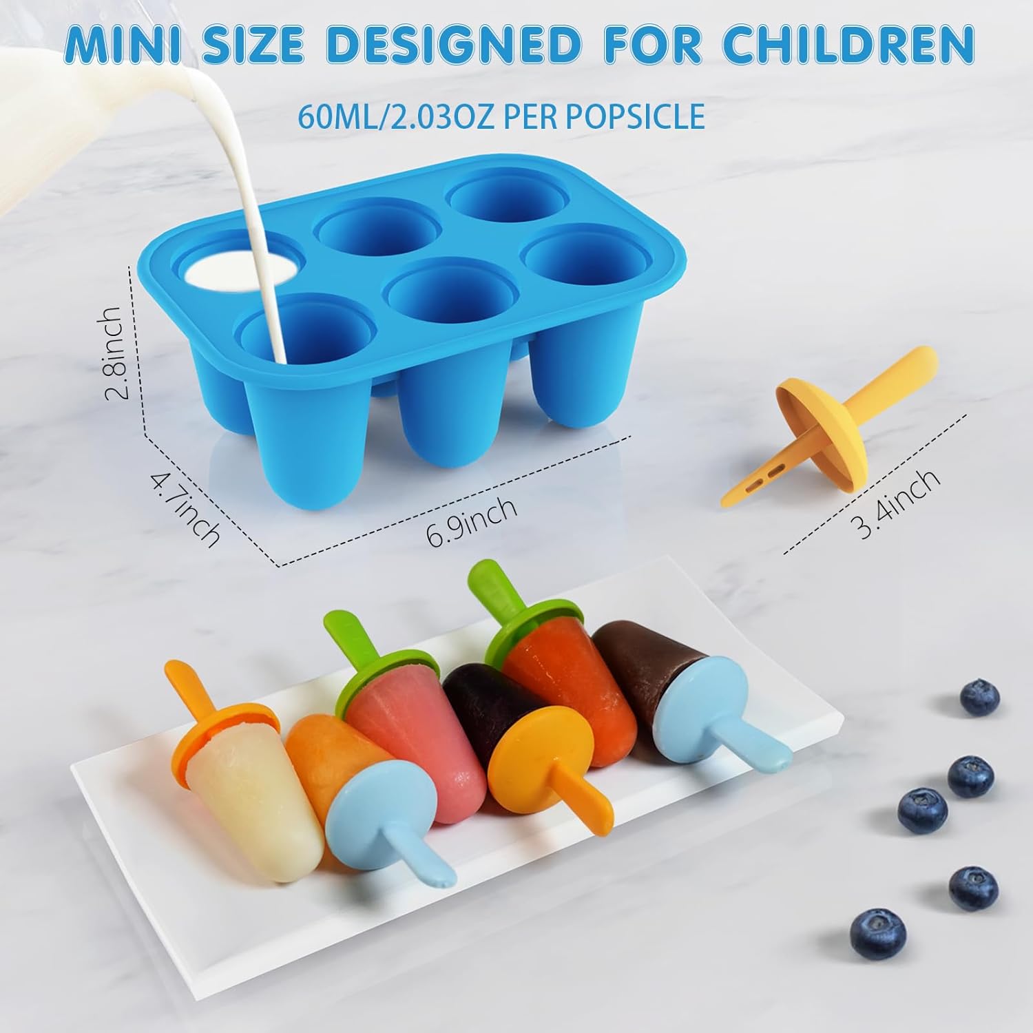 Popsicles Molds Silicone, 6 Pieces BPA-Free Ice Pop Mold, Reusable Mini Toddler Popsicle Molds with Sticks, Homemade Small Popsicle Mold for Kids (Blue)