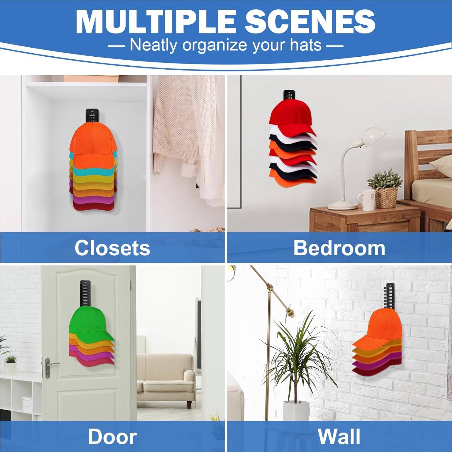 Hat Organizer for Baseball Caps, 1 Pack Hat Rack Adhesive Hat Hooks for Wall Hold Up to 16 Hats, 10.3 * 2.1 inch Hat Storage Display Hat Hanger Holder for Door Closet-Blue