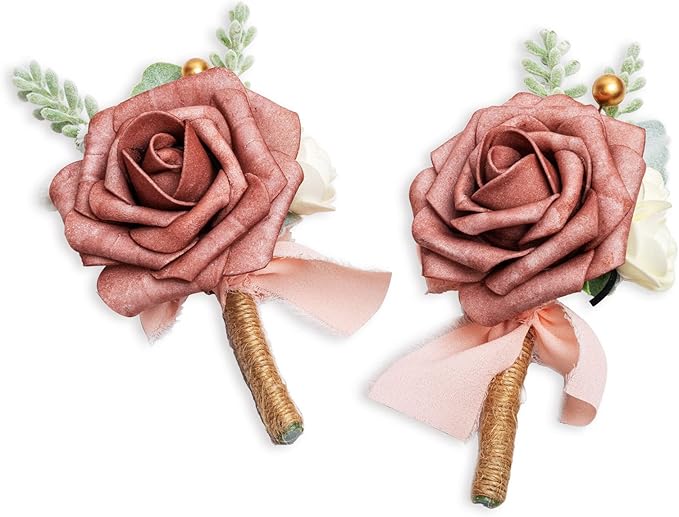 Men's Vintage Dusty Rose Corsage Groom Groomsmen Boutonniere with Pins Soft Touch Foam for Rustic Wedding Prom Flower Anniversary Ceremony Homecoming Dance Event Party Set of 2 X2