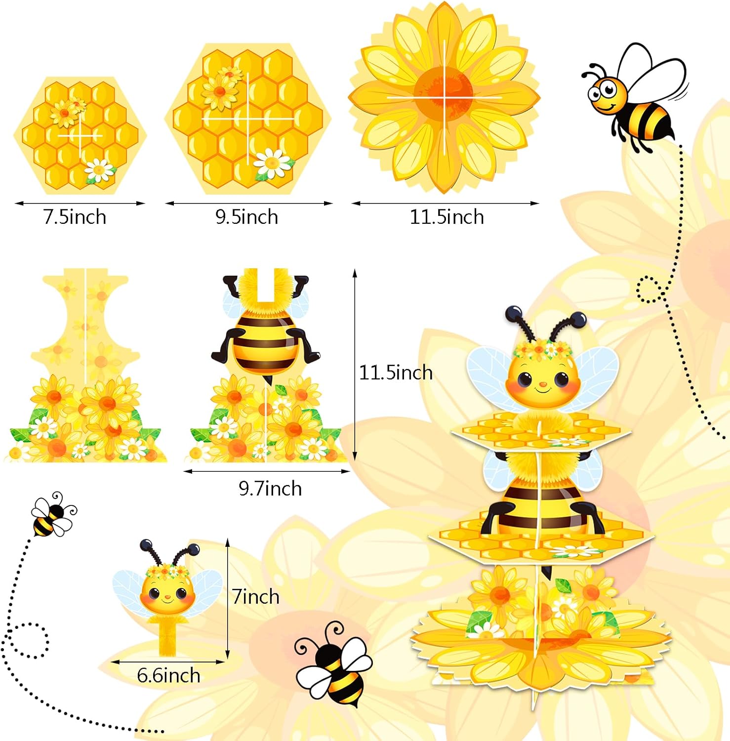 3 Tier Cupcake Stand, Bee Sunflower Party Decorations Cardboard Dessert Stand Bee Themed Cupcake Display Stand Honeycomb Cupcake Holder Stand for Birthday Party Supplies