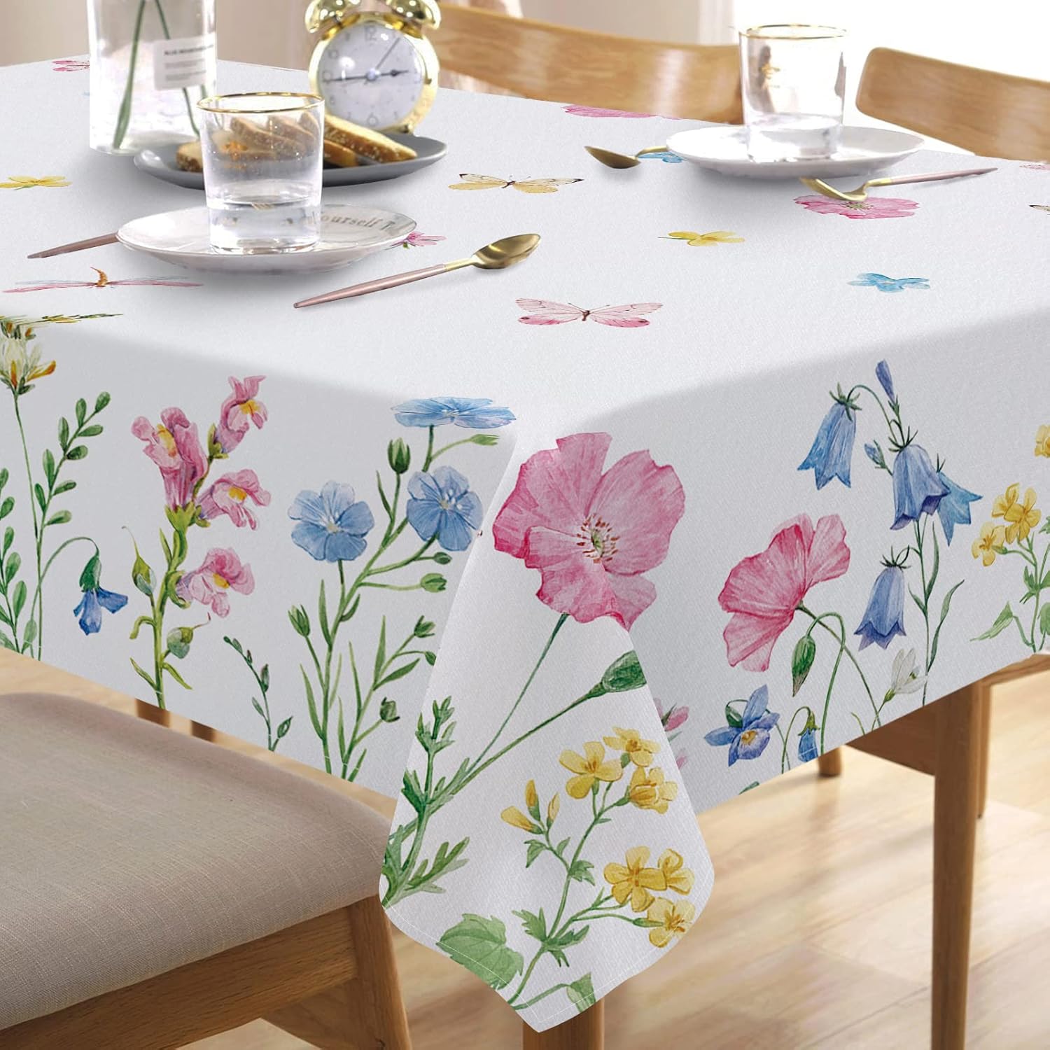 Spring Summer Floral Flowers Rectangle Tablecloth 60 x 84 Inch, Poppy Bellflower Bloom Decorative Table Cloth Wildflower Dining Table Cover, Butterfly Seasonal Dinner Party Picnic Decoration