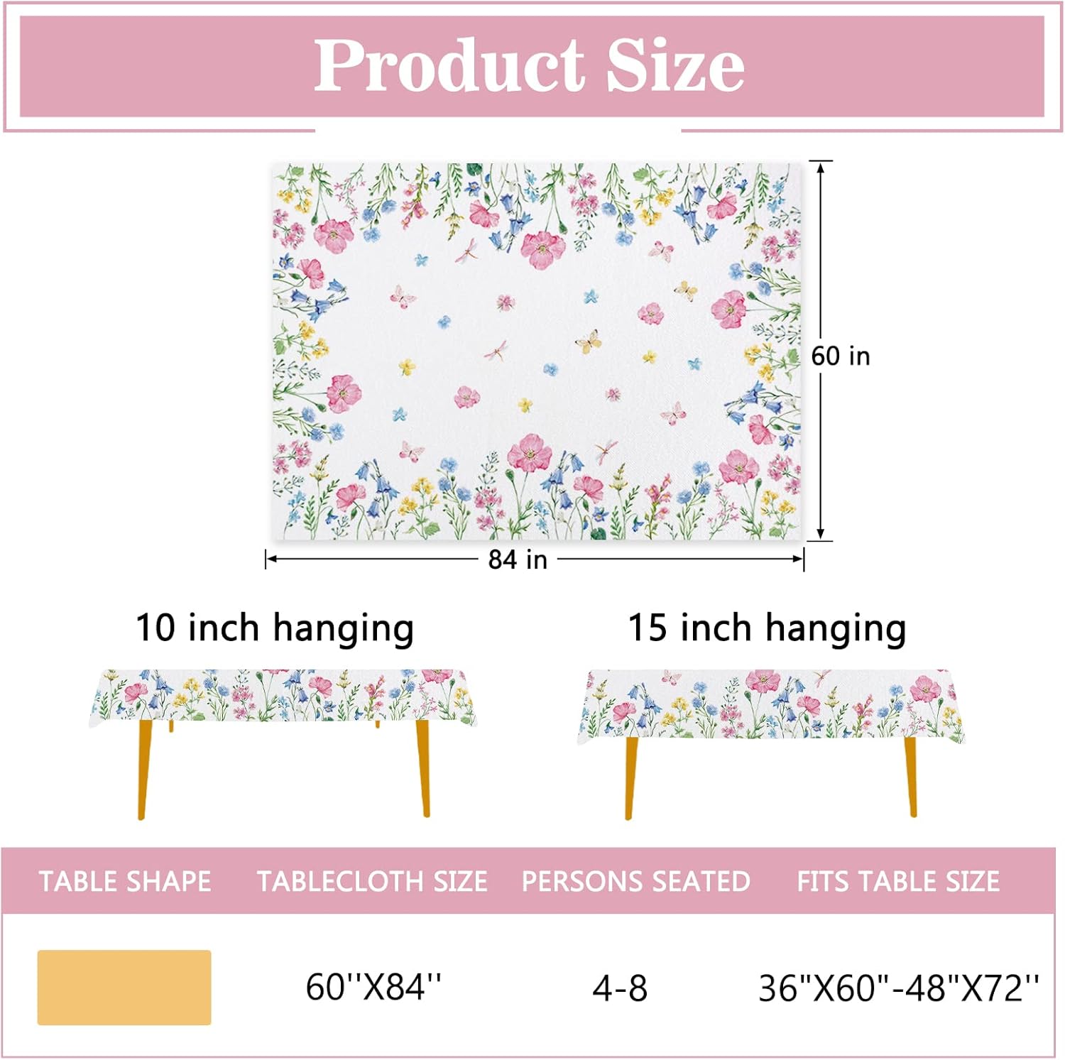Spring Summer Floral Flowers Rectangle Tablecloth 60 x 84 Inch, Poppy Bellflower Bloom Decorative Table Cloth Wildflower Dining Table Cover, Butterfly Seasonal Dinner Party Picnic Decoration