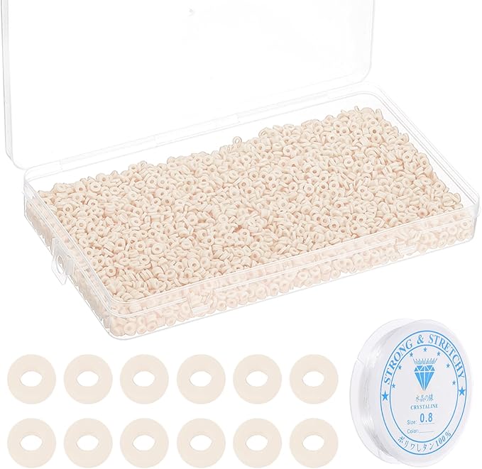 4000 Pcs Clay Beads Bracelet Making Kit, 4mm Flat Round Polymer Clay Spacer Beads Preppy Heishi Beads Disk with Elastic String for DIY Friendship Jewelry Making, White