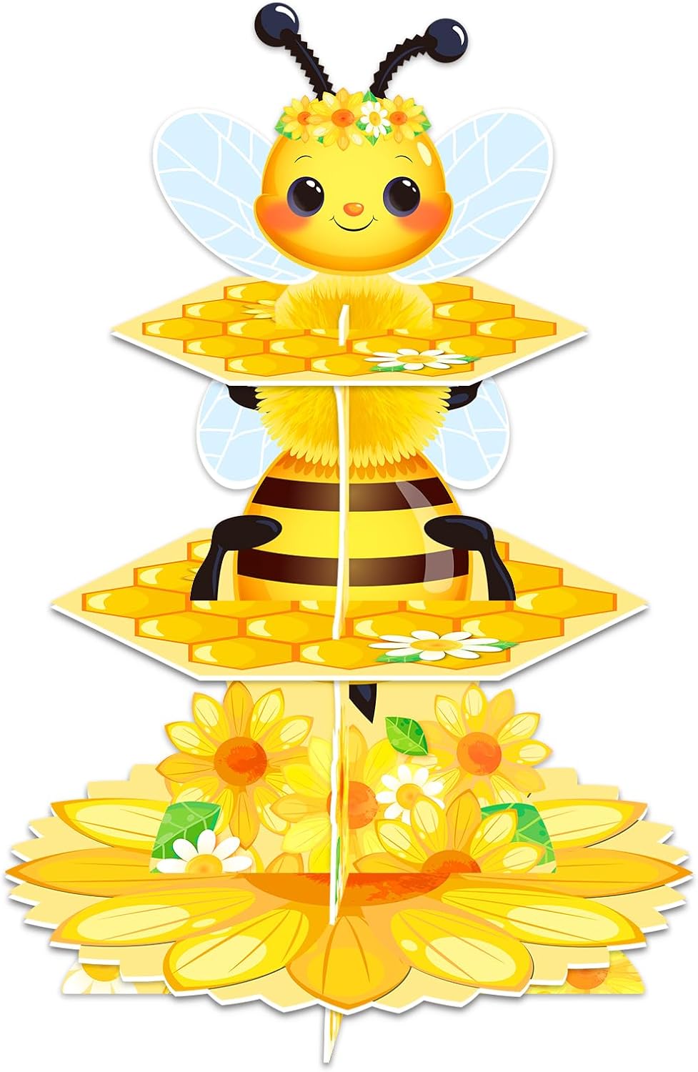 3 Tier Cupcake Stand, Bee Sunflower Party Decorations Cardboard Dessert Stand Bee Themed Cupcake Display Stand Honeycomb Cupcake Holder Stand for Birthday Party Supplies
