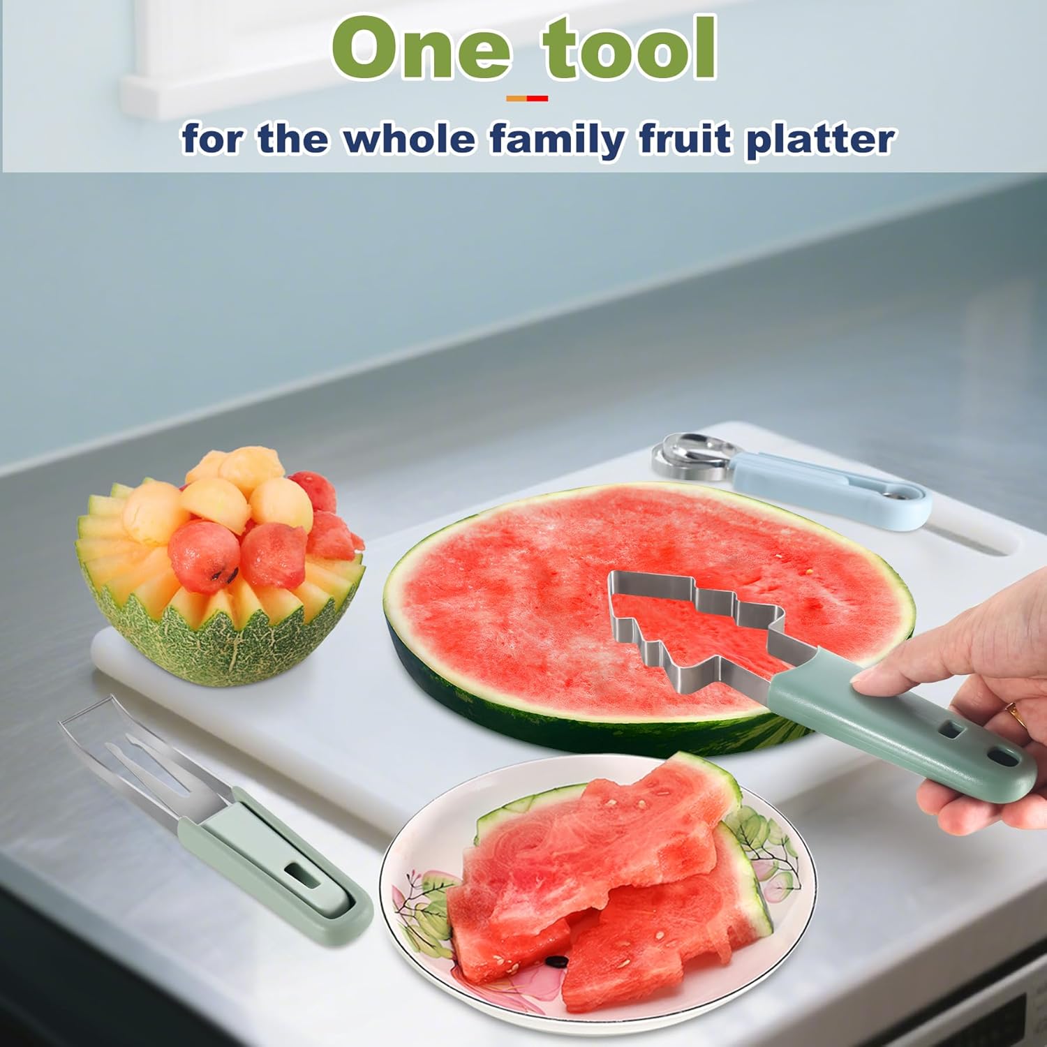 3-in-1 Watermelon cutter slicer tool set,Includes Christmas Tree Shaped Watermelon Slicer Cutter Tool