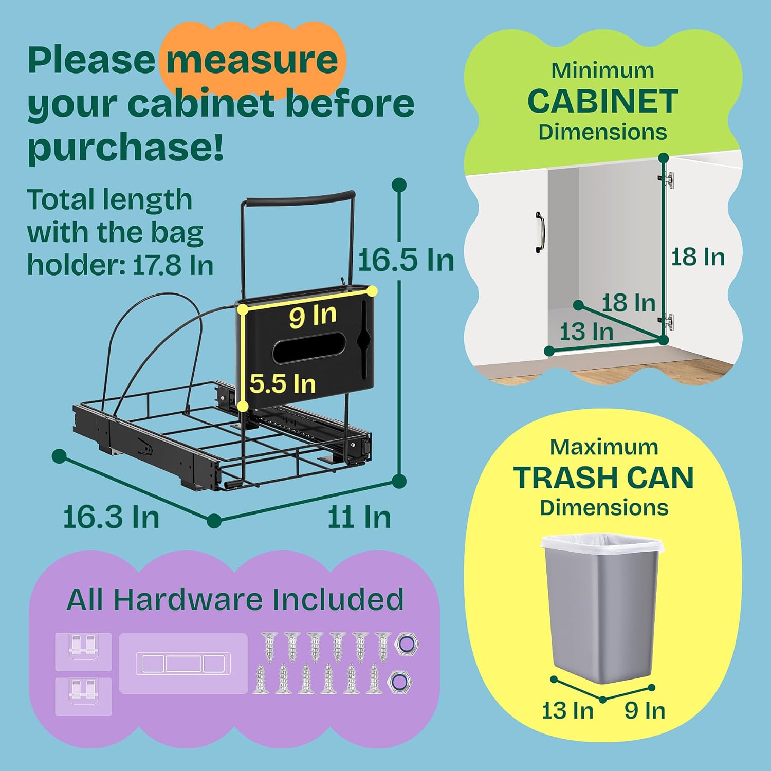 Pull Out Trash Can Under Cabinet Shelf - Under Sink Trash Can Pull Out Slider for 30–40 Quart Cans Up to 125 lb - Cabinet Trash Can Pull Out Kit w/Garbage Bag Holder - (Can Not Included)