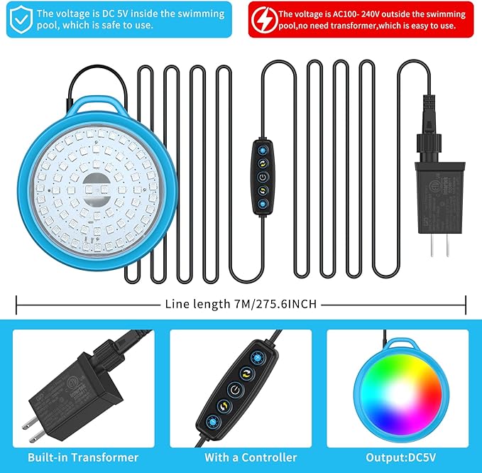 LED Pool Lights for Inground Above Ground with Remote Control, 10W RGB Dimmable Underwater Submersible Lights with Magnets, IP68 Waterproof Color Changing 5V Pool Lights Pool, 26ft Cord (Blue)