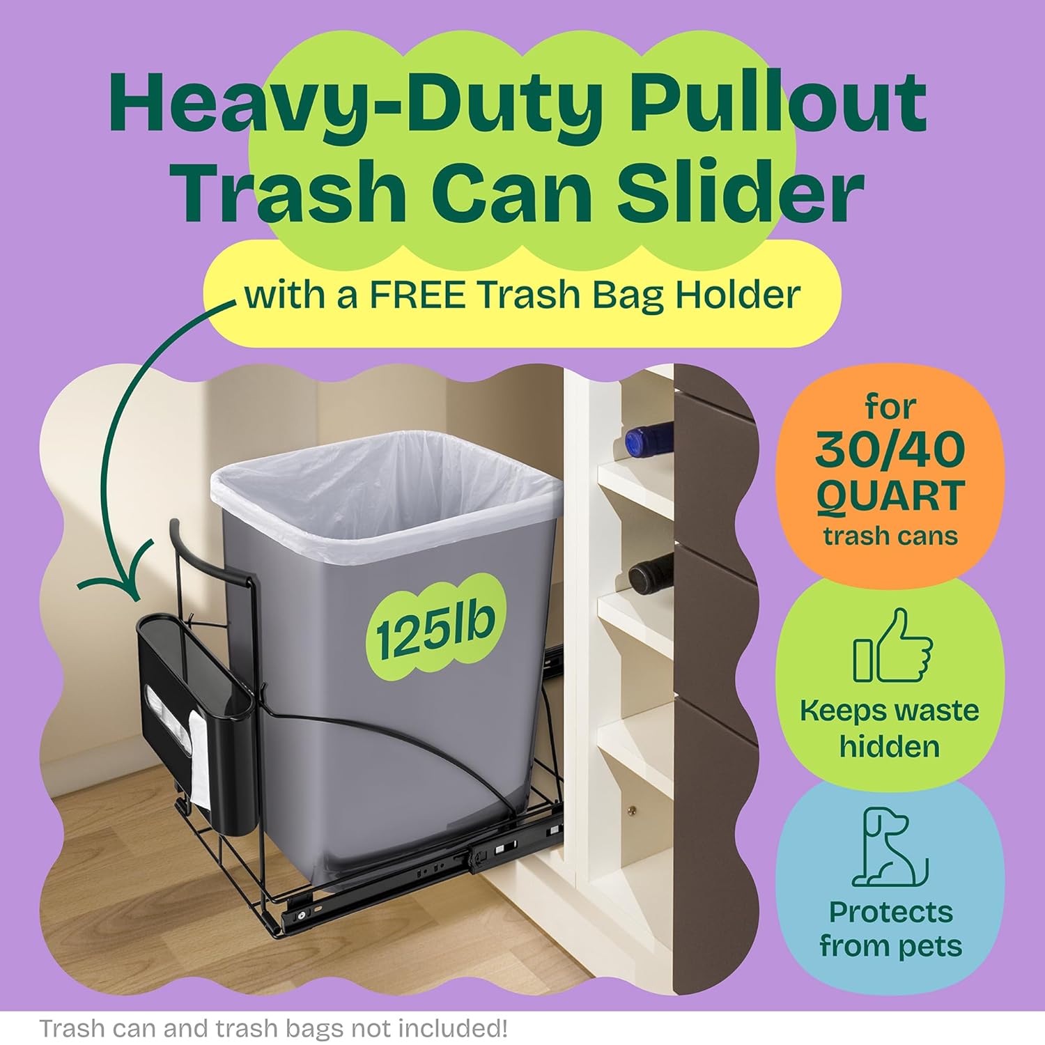 Pull Out Trash Can Under Cabinet Shelf - Under Sink Trash Can Pull Out Slider for 30–40 Quart Cans Up to 125 lb - Cabinet Trash Can Pull Out Kit w/Garbage Bag Holder - (Can Not Included)