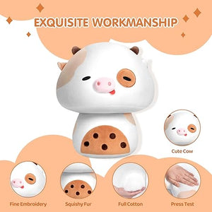 Squishy Cloud-Like Softness, Trending Kawaii Milk Tea Cow Mushroom Plush Pillow, A Must-Have Collectible for Young Adults, Perfect for Kids, Toddlers Girls, Stuffed Animal Decor (14")