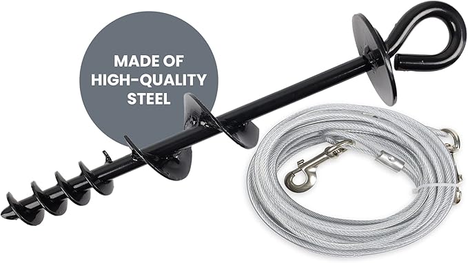Heavy Duty Dog Tie Out Cable and Stake Set - 30ft Leash for Large Dogs, Metal Carabiner, Lever Tool, Sturdy Spiral Stake - Dog Runner for Yard, Park, & Beach