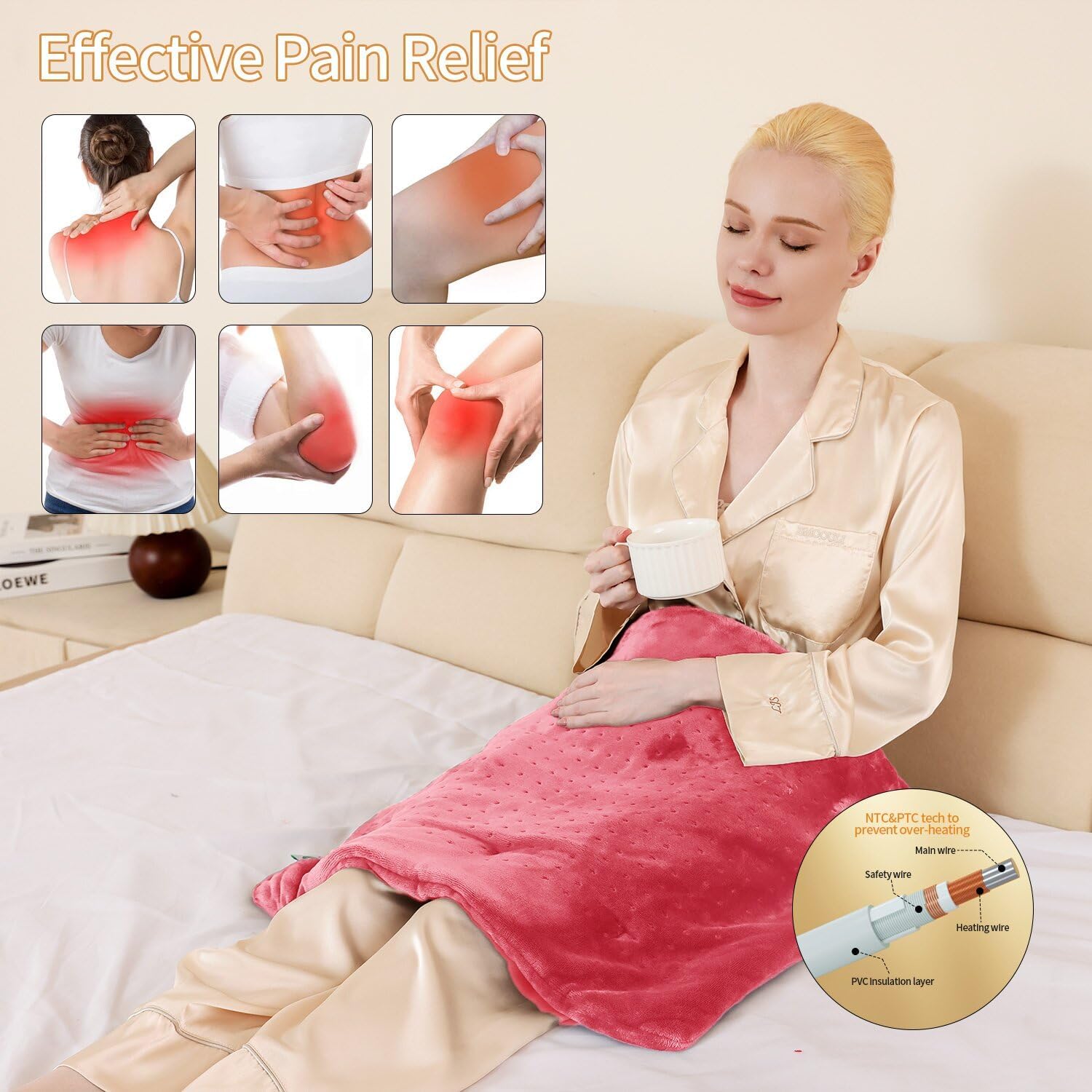 Massaging Weighted Heating Pad for Back Pain Relief,Heating Pads for Neck, Shoulder,Cramp,Portable Heated Pad with 3 Heat Settings & 6 Massage,18 Relaxing Combinations, Auto Off,20"*24",Grapefruit Red
