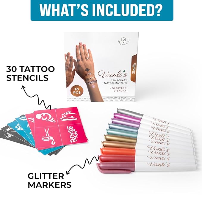 Vanli's Metallic 10 Temporary Tattoo Markers, Temporary Tattoo Pens with 30 Tattoo Stencils