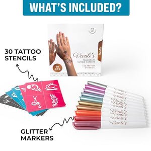 Vanli's Metallic 10 Temporary Tattoo Markers, Temporary Tattoo Pens with 30 Tattoo Stencils