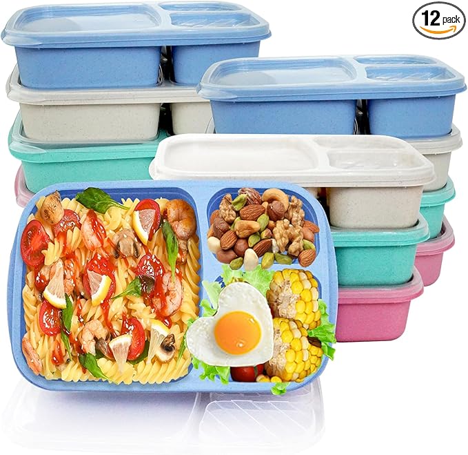 12 Pack Wheat Straw Bento Box, 3 Compartment Lunch Box Containers, Portable, Freezer & Microwave Safe, Dishwasher Safe