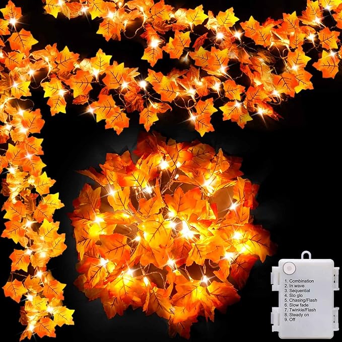 6 Feet [8 Lighting Modes & Timer Fall Decorations for Home Leaf Garland with Lights 54LED Battery Operated String Lights, Thanksgiving Halloween Fall Decor Indoor Outdoor Autumn
