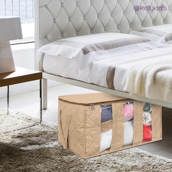 Rectangle Underbed Storage Box, Clothing Organizer with 3 Partitions, (Beige)
